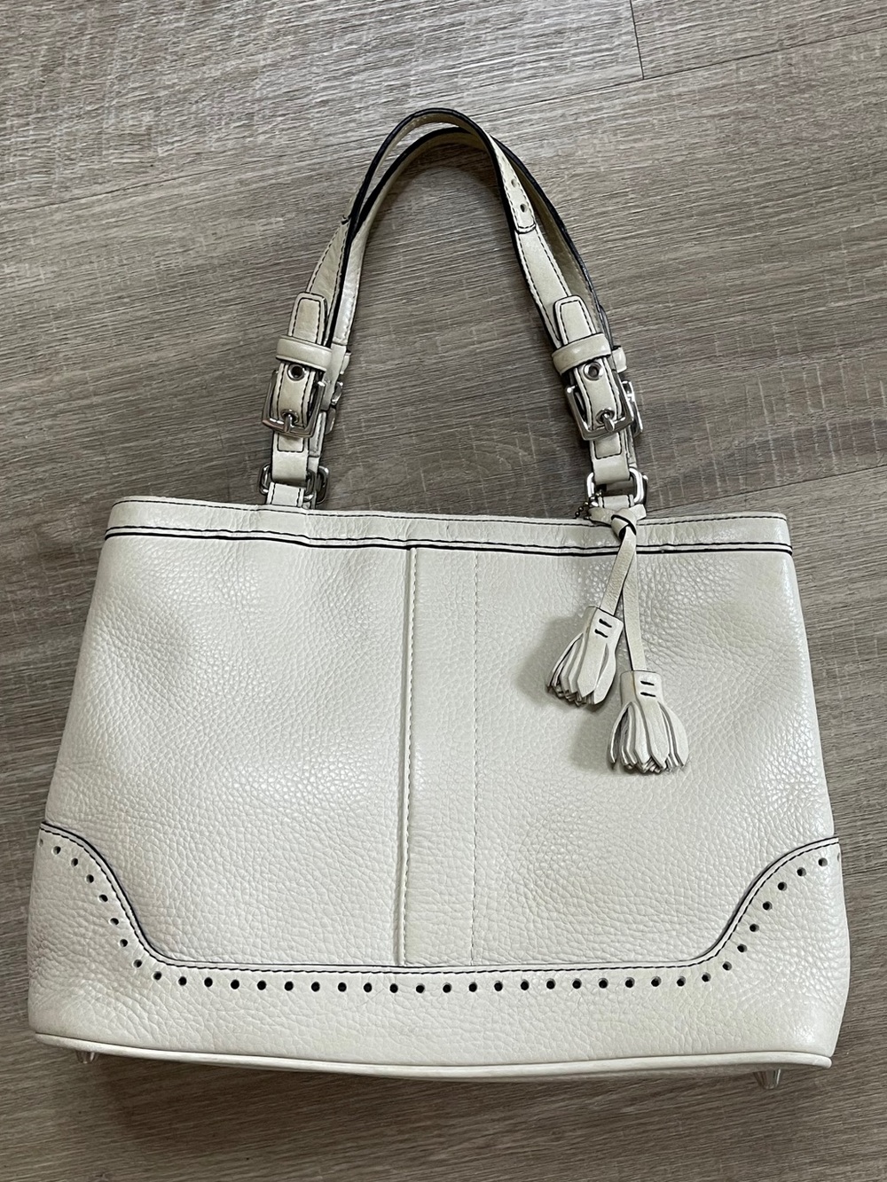 Vintage Coach Hamptons Pebbled Leather Tassel Satchel Bag No. 5055 Ivory Cream